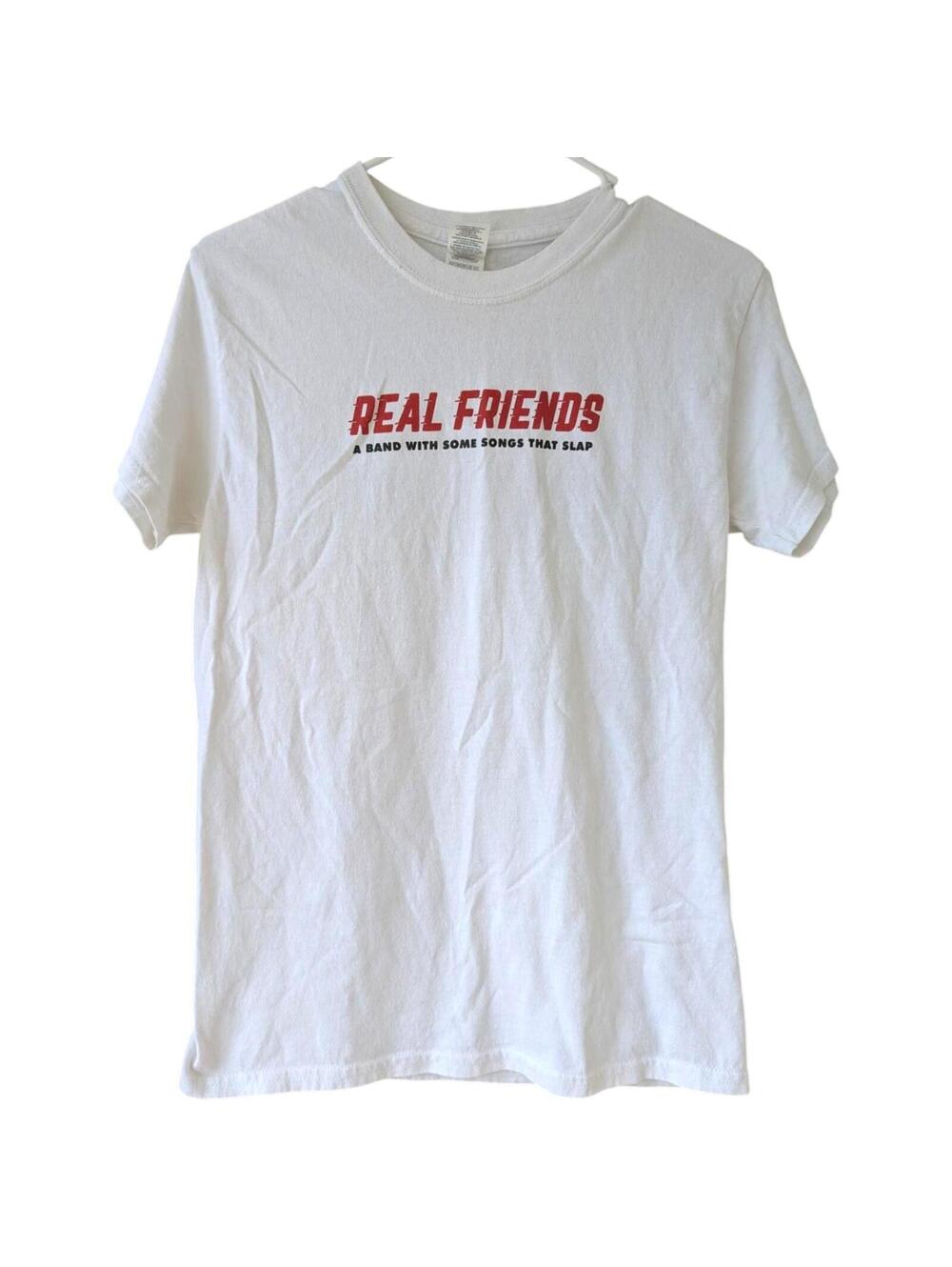 Real Friends Shirt Small White Songs That Slap Pop Punk Emo Band Tee 18x27 S y2k